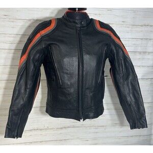 Unik Ultra Leather Jacket Womens Sz. LARGE Black Orange Harley Colors Motorcycle